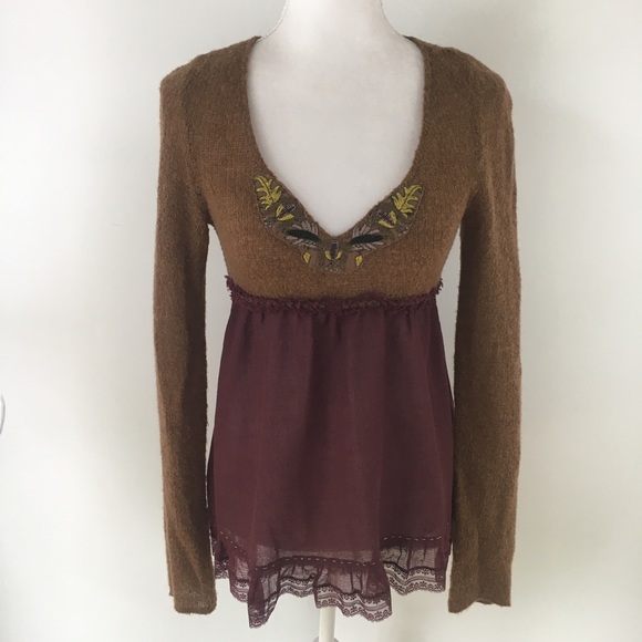 Free People Sweaters - Free People embroidered boho v-neck wool sweater S